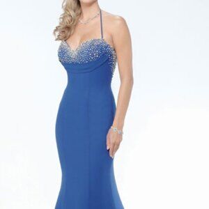 NWT Royal Blue Crown Collection Halter Prom Pageant Gown AB Crystals 6
